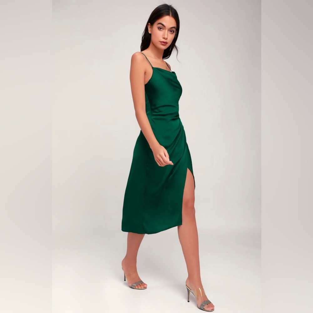 Lulus Hollywood Woman Forest Green Satin Midi Dress (Small)